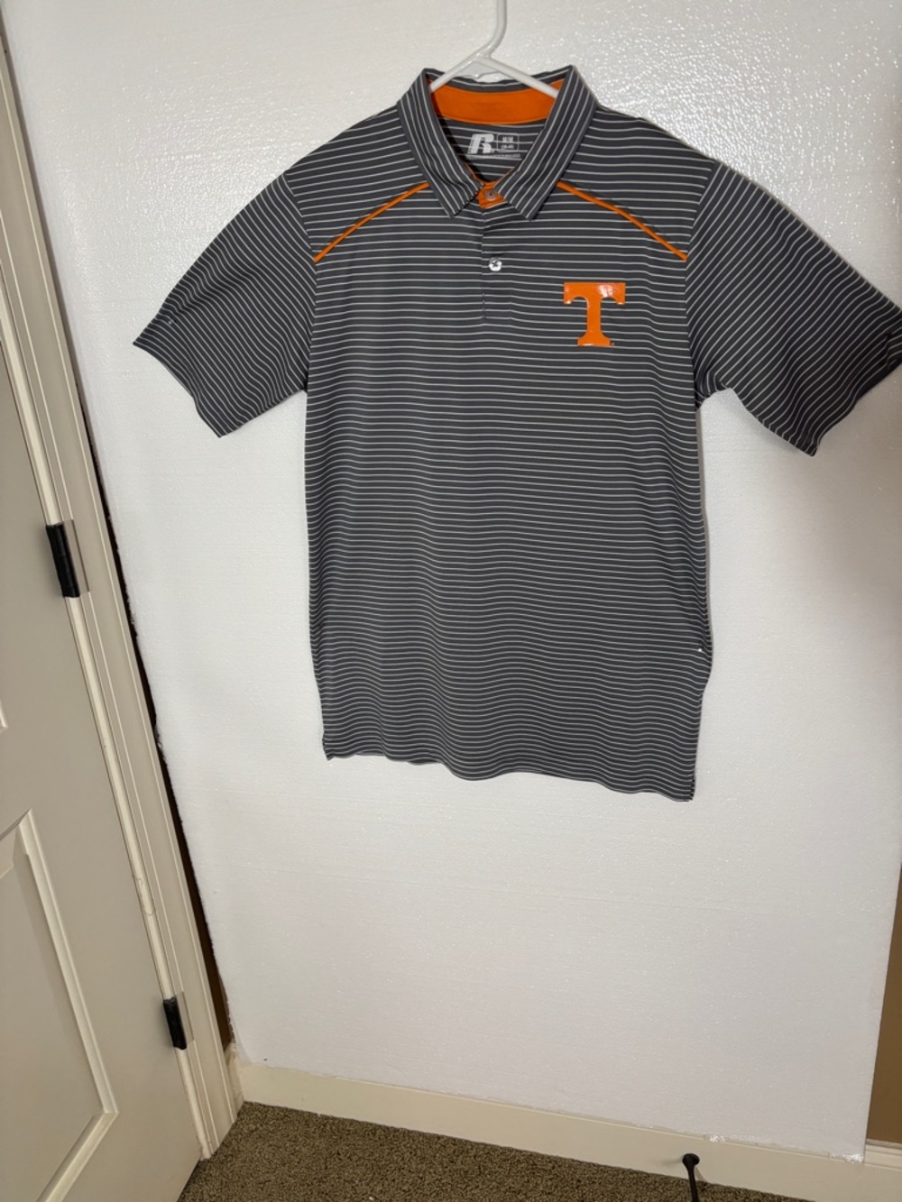 Men's Gray & White Dri=Fit Striped Polo Shirt with T Logo Medium